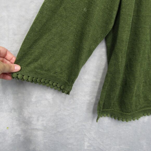J.Crew Linen Sweater Top XL Round Neck Green 3/4 Sleeve Pullover Crochet Border - Picture 7 of 8
